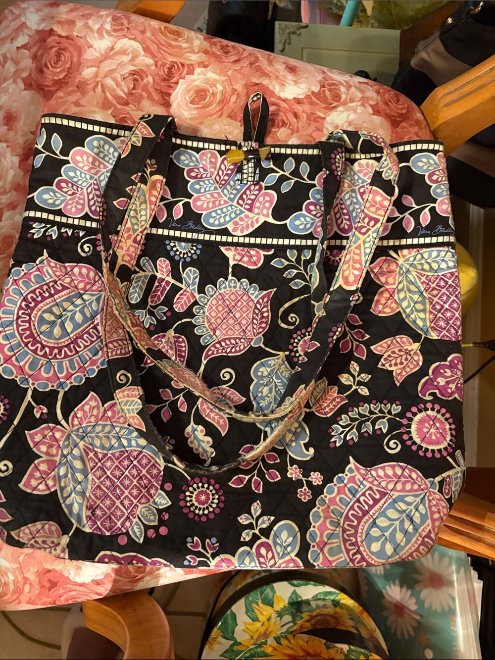 Vera Bradley Black Quilted Tote with Pink & Blue Floral Pattern